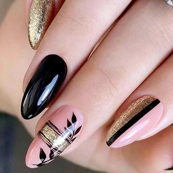 Fall Press on Nails Medium Length Fake Nails Almond False Nails Black Pink Line with Leaf Gold Foil Glitter Full Cover Designs French Artificial Acrylic Nails Stick on Nails for Women and Girls 24 Pcs