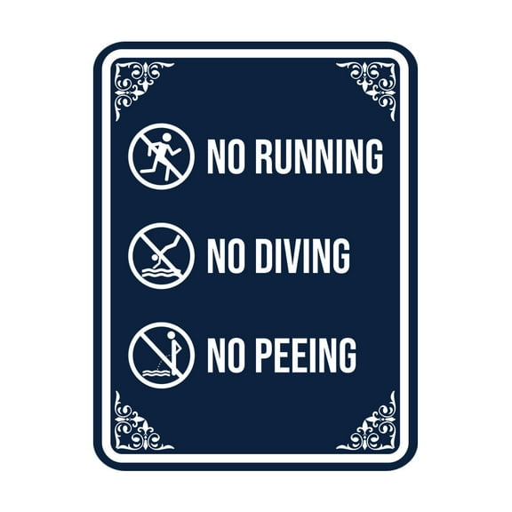 Signs ByLITA Portrait Round No Running, No Diving, No Peeing Door or Wall Sign Durable ABS Plastic | Laser Engraved | Easy Installation | Elegant Design | Pool Safety Sign (Navy Blue / White) - Large