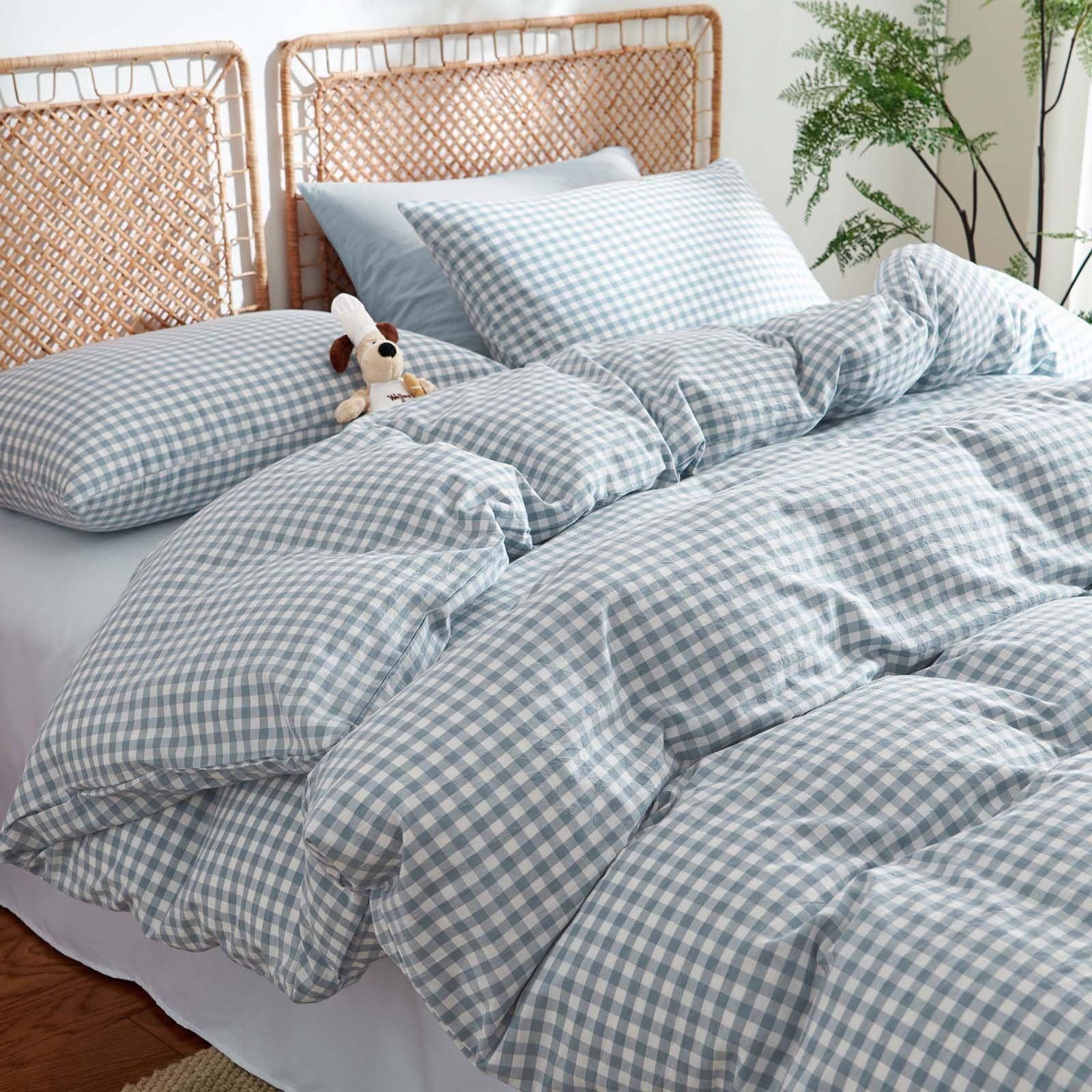 3 Pieces Blue Gingham Duvet Cover 100% Washed Cotton Plaid Checkered Full Duvet Cover Set Modern Grid Bedding Set with Zipper Closure Corner Ties