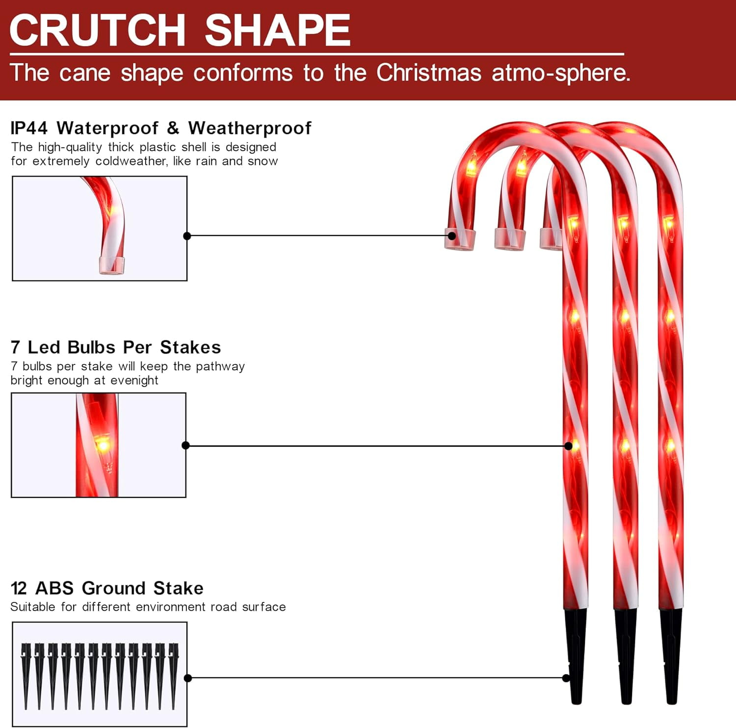 25" Christmas Candy Cane Lights, 72LED Outdoor Pathway Markers Lights Christmas Decor with Stakes, 12 pack,