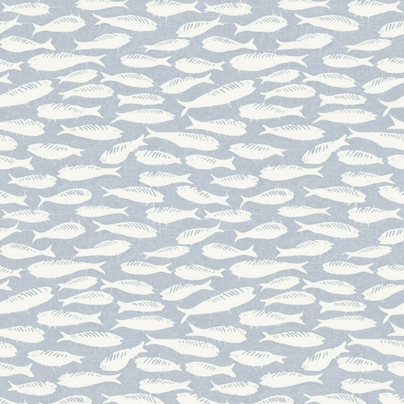 3122-10512 Nunkie Denim Sardine Wallpaper with Playful Coastal Charm in Denim Blue Off White Colors Coastal Style Prepasted Acrylic Coated Paper