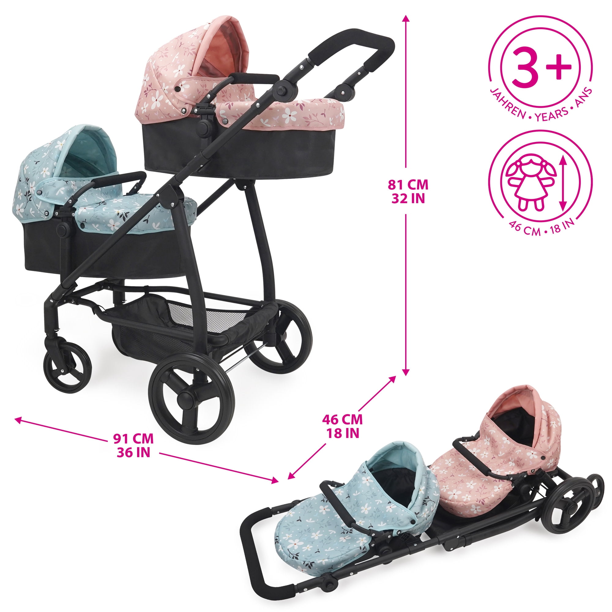 509 Crew: Springtime - Deluxe City Twin Doll Stroller - Black-Pink-Blue-Flowers, Converts To Jogger & Push Pram, Adjustable Doll Accessory Toy, Kid 3+