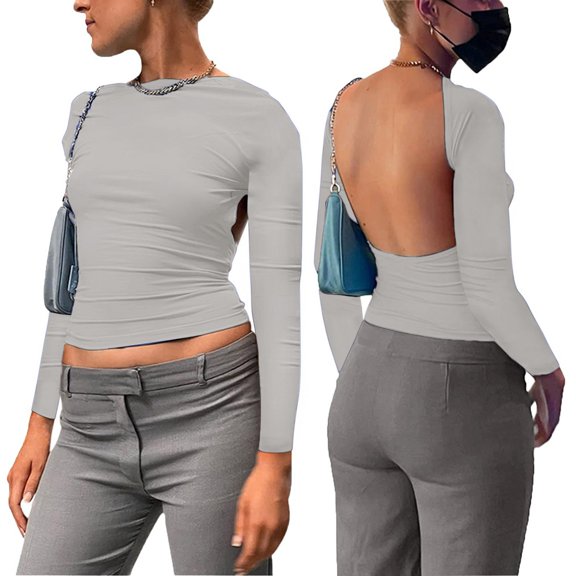 Womens Long Sleeve Shirts Crop Tops Fashion Solid Backless Casual Short Sleeve Short Fall Clothes for Women Tees Blouses