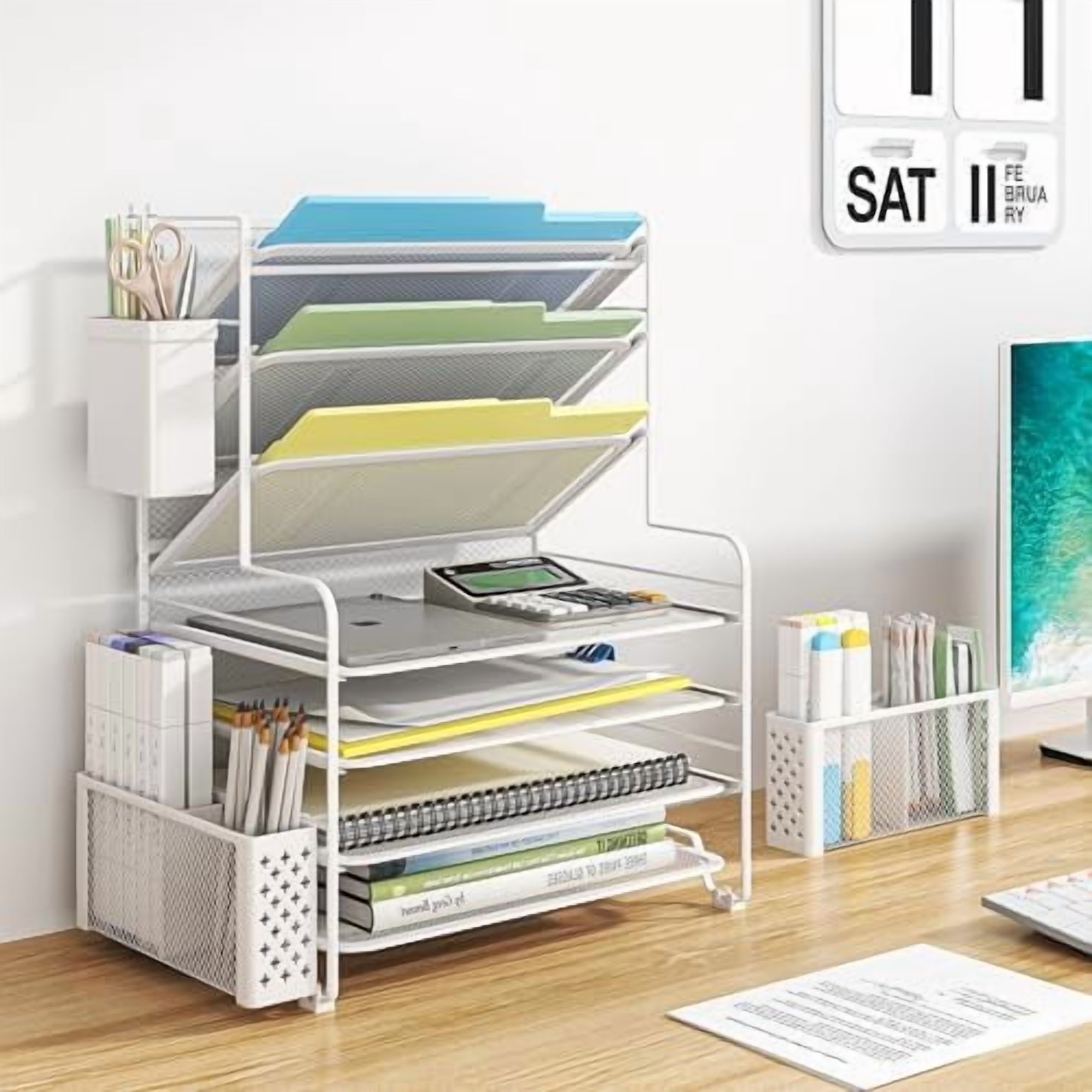 7 Tier Desk File Organizer, Letter Tray Paper Organizer with Pen Holder and Metal Hanging Basket, White