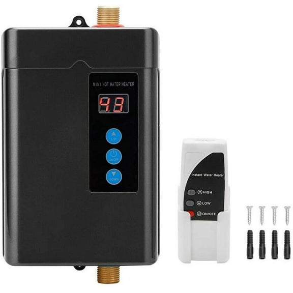 Tankless Water Heater Electric 3KW 110V, Mini Instant Hot Water Heater With Remote Control Temperature Display Electric Tankless RV Water Heater for Under Sink Tap Home Kitchen Bathroom (Black)