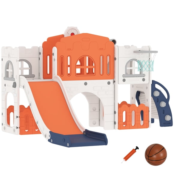 7-in-1 Indoor Play Center with Slide, Basketball Hoop, Tunnel & Climbing Gym, HDPE Material, 70.1"L x 69.7"W x 39"H, Orange, Multi-Functional Activity Set for Home Playroom