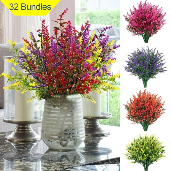Gustave 32 Bundles Artificial Flowers Outdoor UV Resistant Fake Plants Faux Lavender Flower for Outside Indoor Home Decoration, 4 Colors