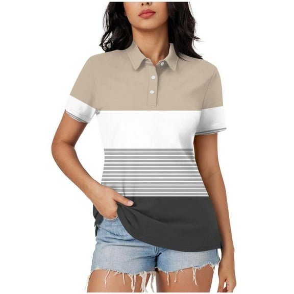VERUGU Womens Tops Short Sleeve Lapel Buttons Shirts Summer Trendy Colorblock Striped T-shirts Loose Casual Comfy Blouses for Leggings Beige XL