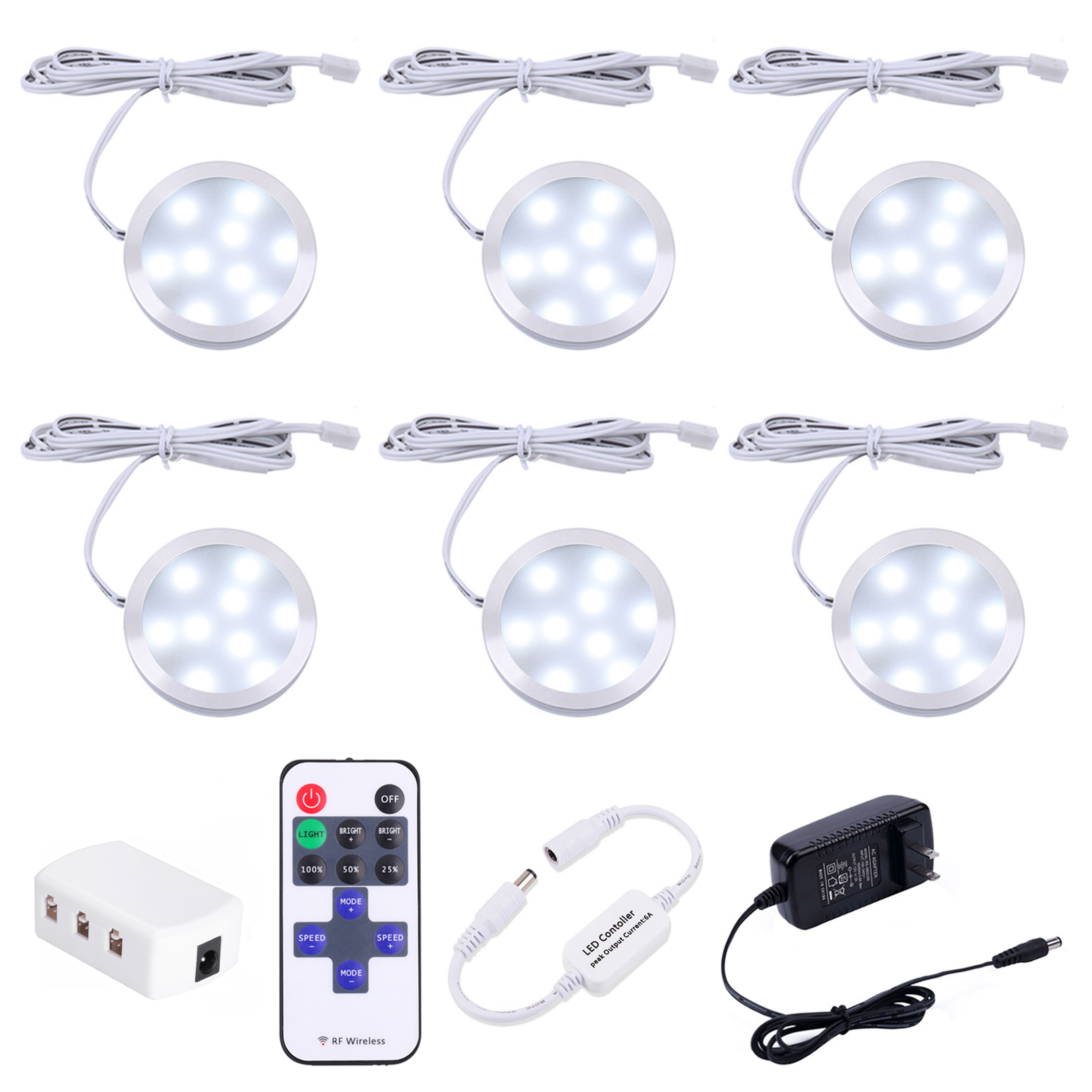 AIBOO Dimmable LED Under Cabinet Lighting, Counter Showcase Kitchen Lighting Fixtures with 12V Plug in adapter and Dimmable Wireless Remote Control, 6 Ultra Slim Puck Lights Kit
