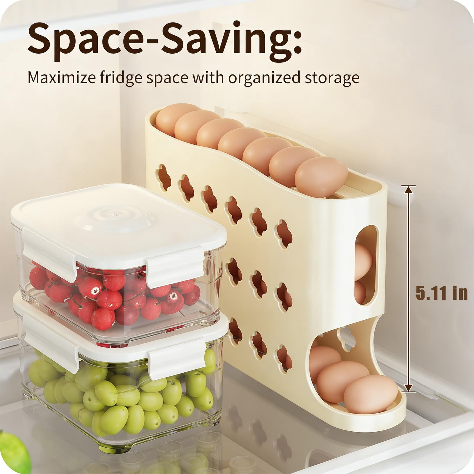 Egg Holder for Fridge, 2026 Eggs Dispenser Auto Rolling, No Assembly Required Easy Access, Save Refrigerator Space, And Prevent Egg from Breaking, Large Capacity / Holds 30 Eggs (Beige2PC)