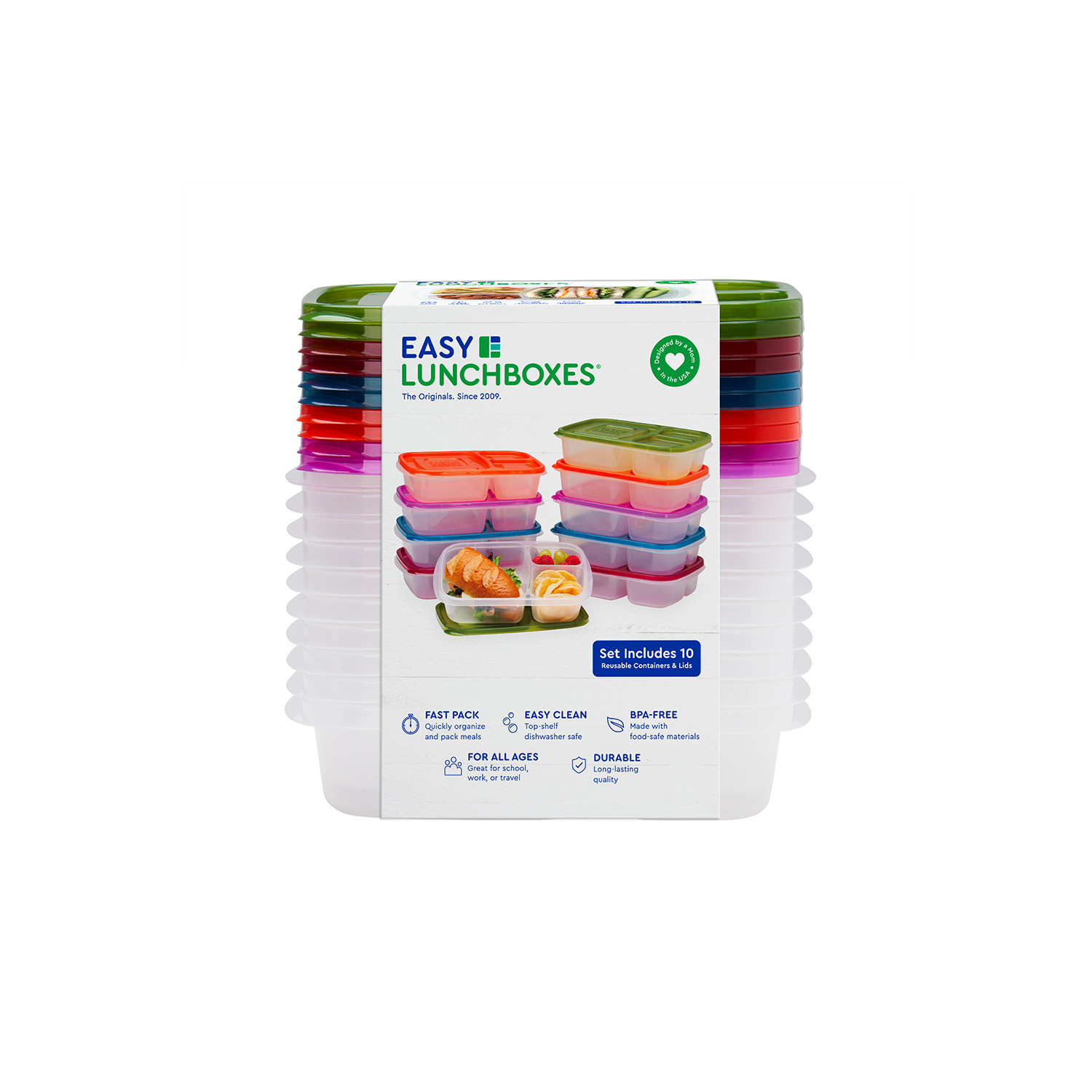 EasyLunchboxes - Original Stackable Lunch Boxes - Reusable 3-Compartment Food Containers for Kids and Adults - Bento Lunch Box for Meal Prep, School, & Work - BPA Free, Set of 10 (Classic)