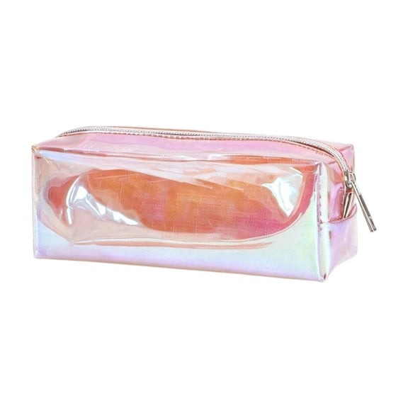 HOARBOEG Holographic Pencil Case Orange, Transparent Zipper Pouch Iridescent Pen Bag for Womens, Cute Portable Clear Stationery Organizer for Office, 7.3x2.2x2.8 Inches