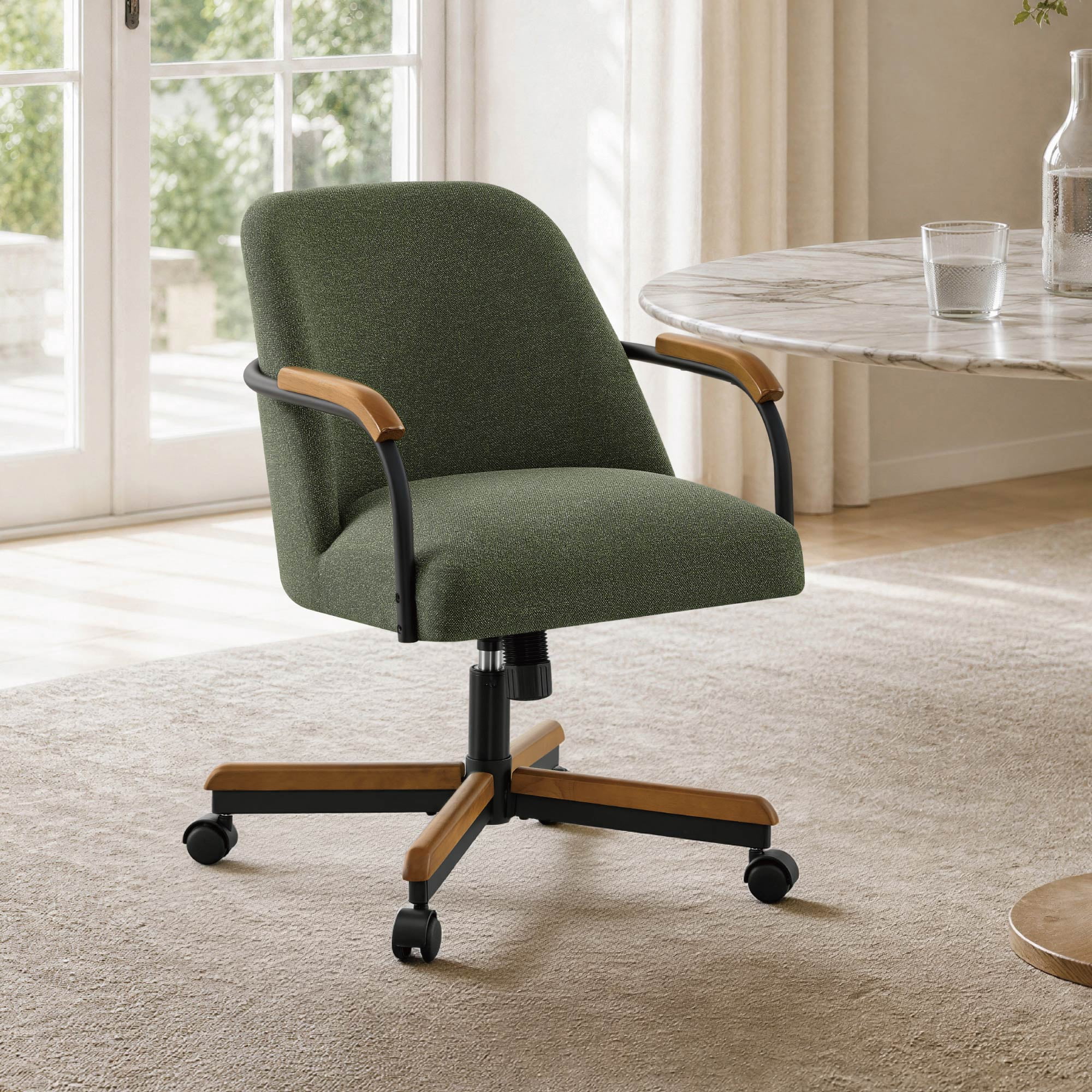 Spruce & Spring Swivel Dining Chairs Set of 2, Upholstered Tilt Chairs with Caster Wheels, Metal Frame & Wood Accents, for Dining Room, Kitchen & Home Office, Green Fabric