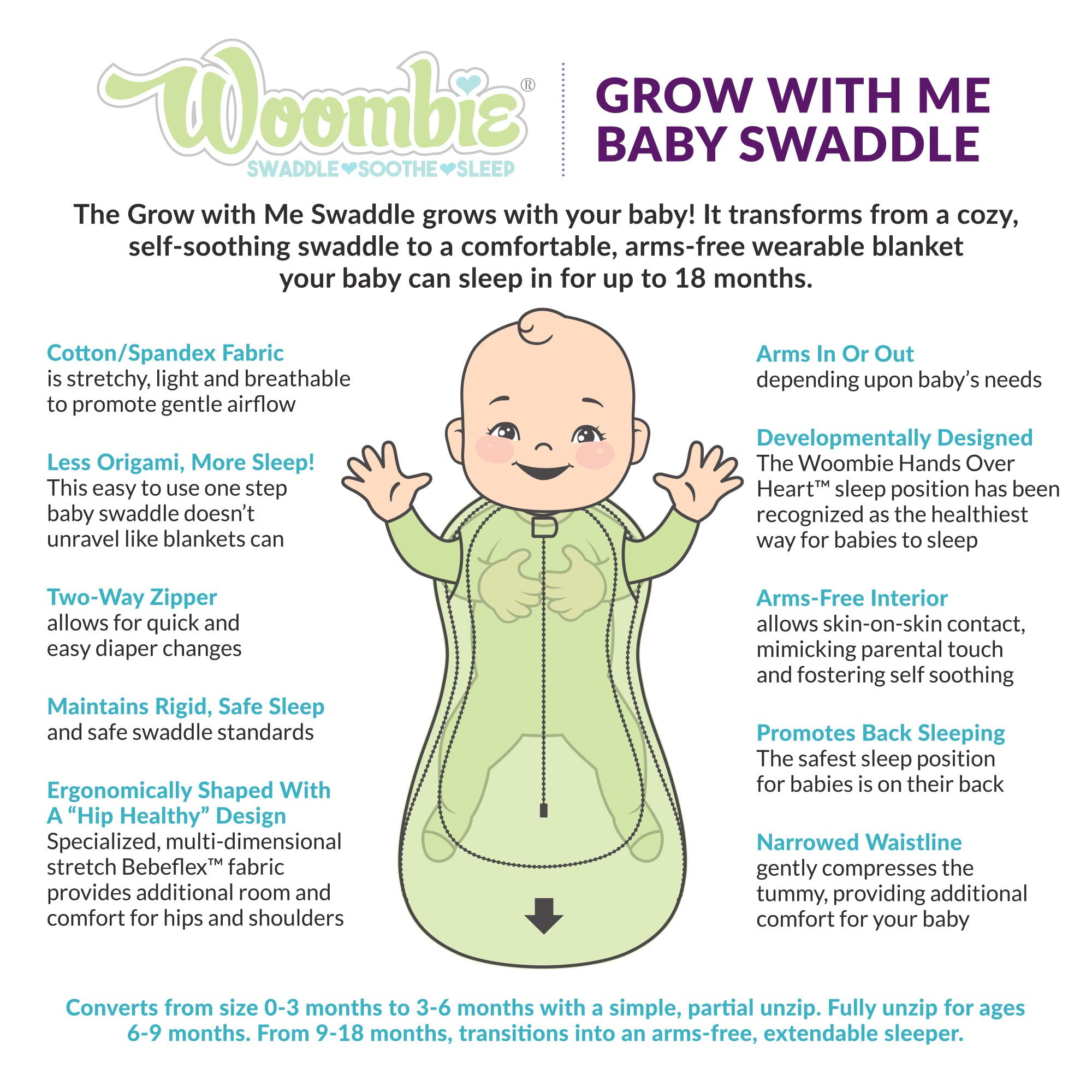 Woombie Grow with Me Baby Swaddle Convertible Swaddle Fits Babies 0 9 Months Expands to Wearable Blanket for Babies up to 18 Months Sleepy Grey Chevron Walmart