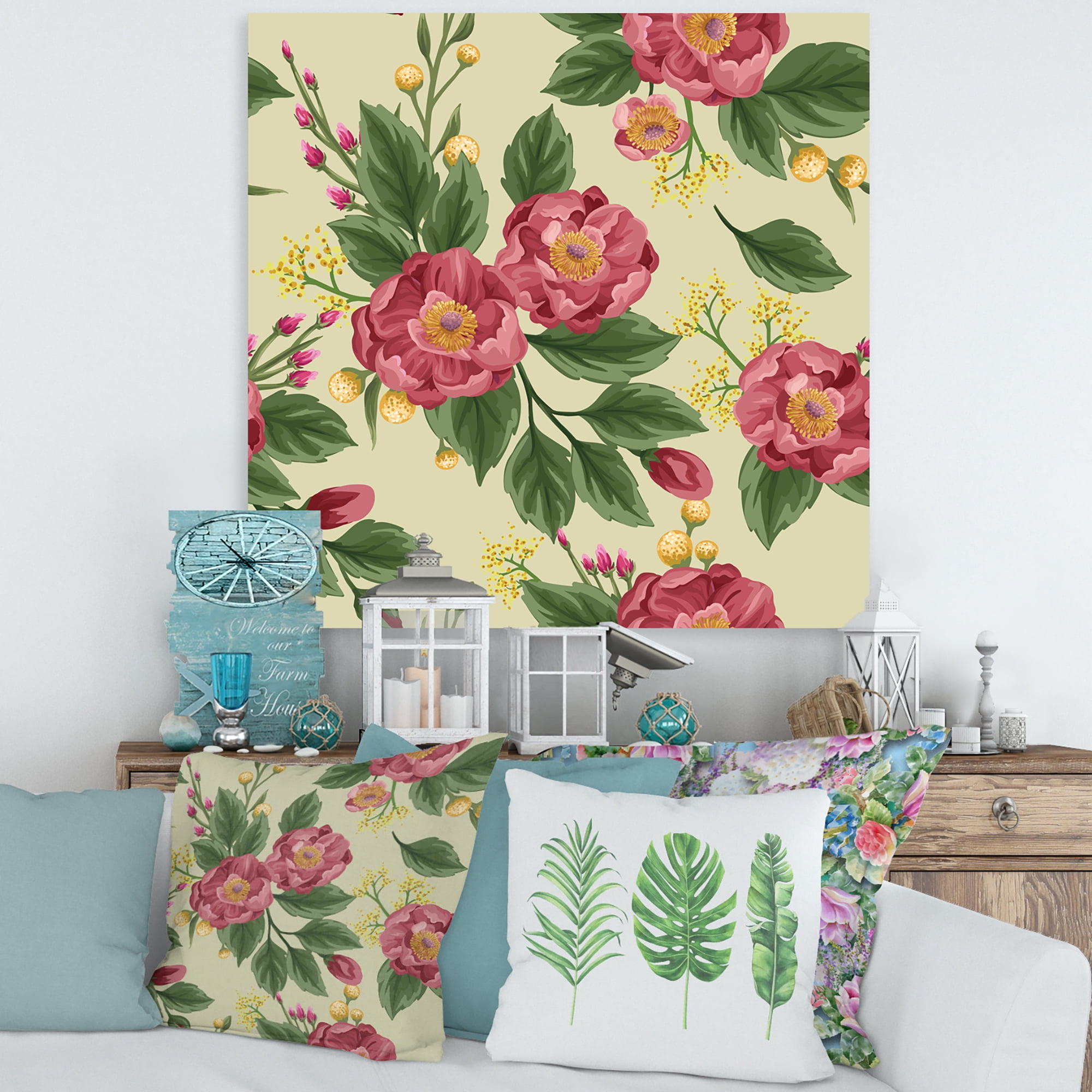 Designart ' Vintage Sweet Peas and Peonies On Beige ' Traditional Canvas Wall Art Print