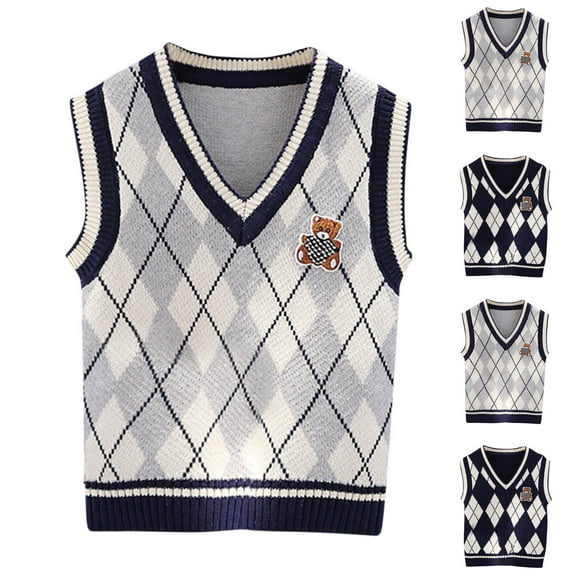 WRKEKC Boys and Girls Knit Vest V-Neck Bear Print Sleeveless Soft Thick Warm School Uniform Pullover for 1-10 Years Toddlers Fall Winter