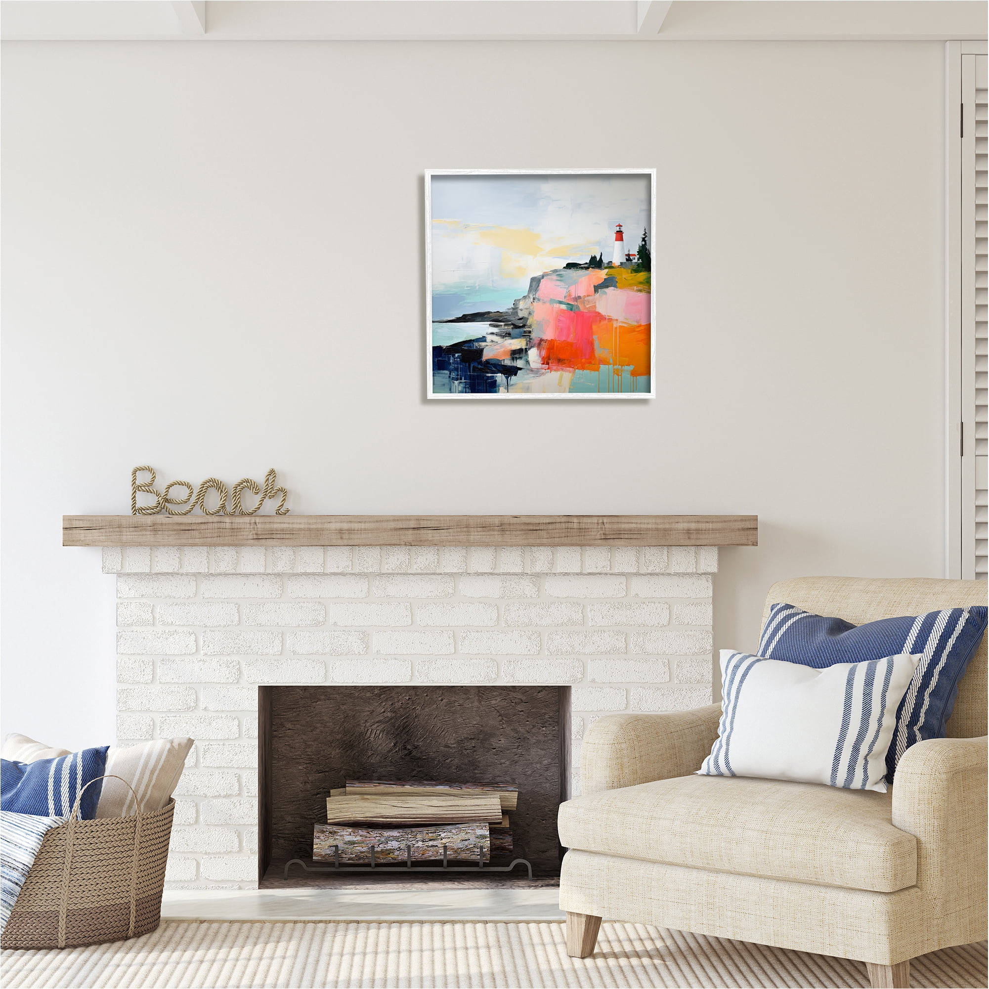 Stupell Industries Modern Hued Lighthouse Landscape Painting White Framed Art Print Wall Art, 24 x 24