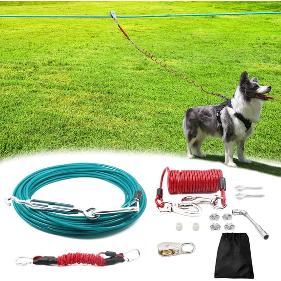 80FT Dog Run for Yard Heavy Duty with 10FT Tie Out Cable, Outdoor Leash Trolley System for Large Dog to 300Lbs