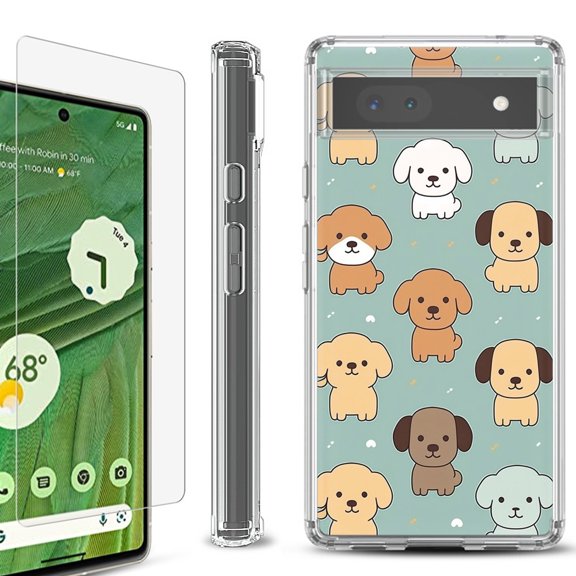 Shockproof Bumper Phone Case for Google Pixel 6a, with Tempered Glass Screen Protector, by OneToughShield ® - Puppies
