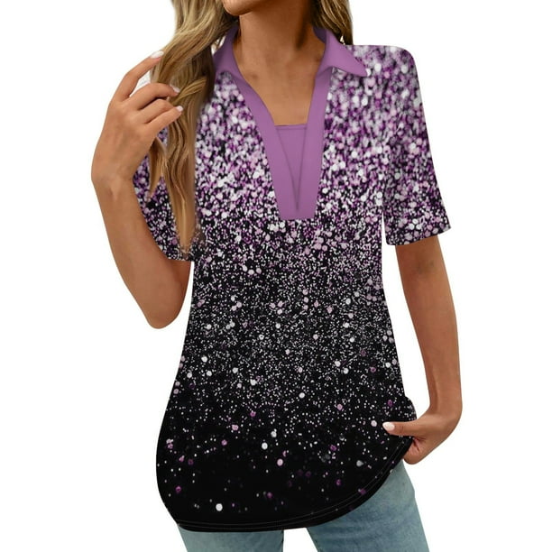 Tops Cortos para las Mujeres Blusas Impresas Manga Corta Turndown Collar Camiseta, Tops de Blusa para las Mujeres Casual