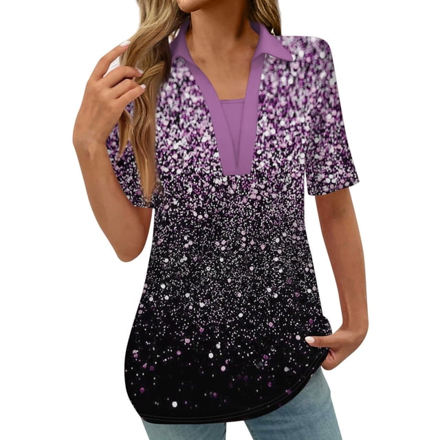 Tops Cortos para las Mujeres Blusas Impresas Manga Corta Turndown Collar Camiseta, Tops de Blusa para las Mujeres Casual