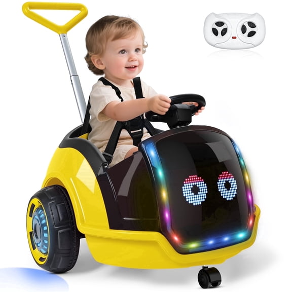East doll 12V Electric Ride on Toy with LED Screen, Push Car for Toddler with Remote Control, 360°Spin, 5-Point Safety Belt, 1.3-2.5MPH, Music, Horn, Kids Ride On Toy Ages 1-3, Yellow