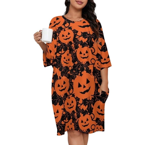 Cartoon Pumpkin Citrus Stem Sleepshirts For Sleeping Travels Loose Sleepdress Pajama Dress Soft Nightdress Sleepwear