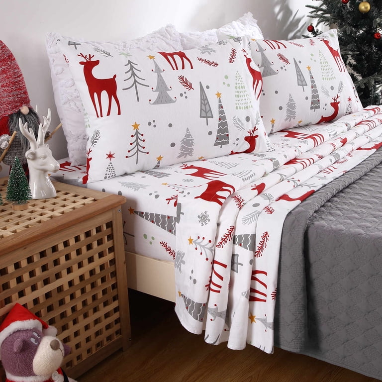 Christmas Flannel Sheets King Size - 100% Cotton Holiday Bedding Set With Forest Deer Pattern, Deep Pocket