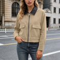 thumbnail image 2 of Unir Leather Collar Corduroy Bomber Jacket for Women, Zip Front, Relaxed Fit Casual Outerwear with Patch Pockets, 1 Piece, XS-L, 2 of 5