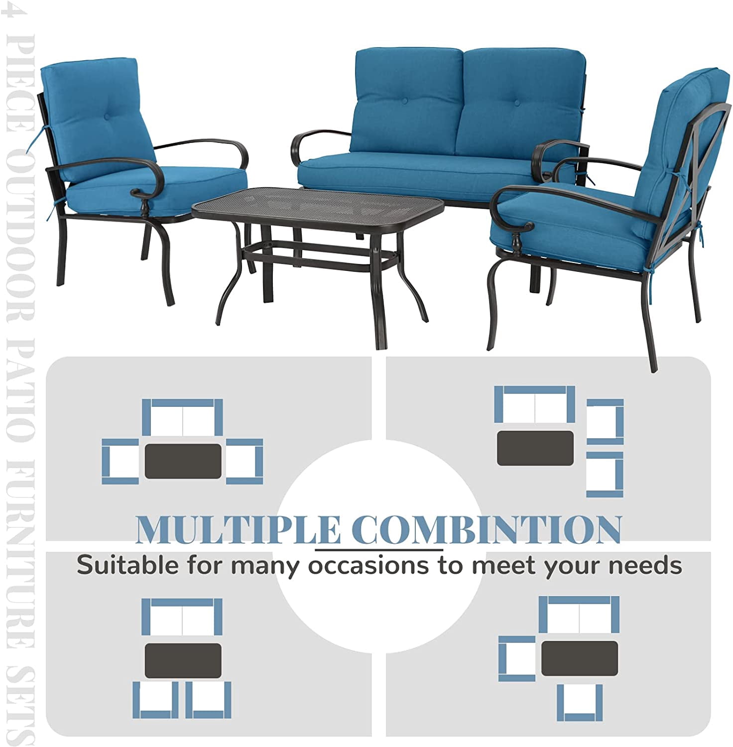 SOLAURA 4-Piece Outdoor Furniture Patio Metal Conversation Set with Peacock Blue Cushions