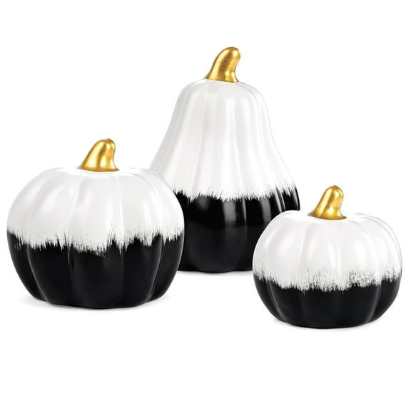 Sunlit Modern Ceramic Pumpkins Fall Decor Indoor, Set of 3 Chic Tabletop Decorations, Artificial Pumpkins Decor for Fall Table Runner, Office, Holiday Party Home, Black and White