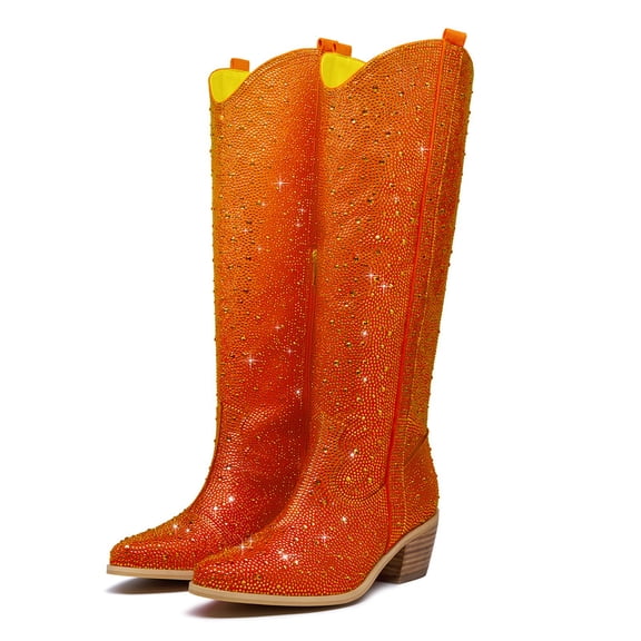 Women's Sparkly Orange Rhinestone Knee High Western Cowboy Boots Pointed Toe Block Heel Zipper Pull-on Tabs Party Dating tall Cowgirl Boots for Girl 7