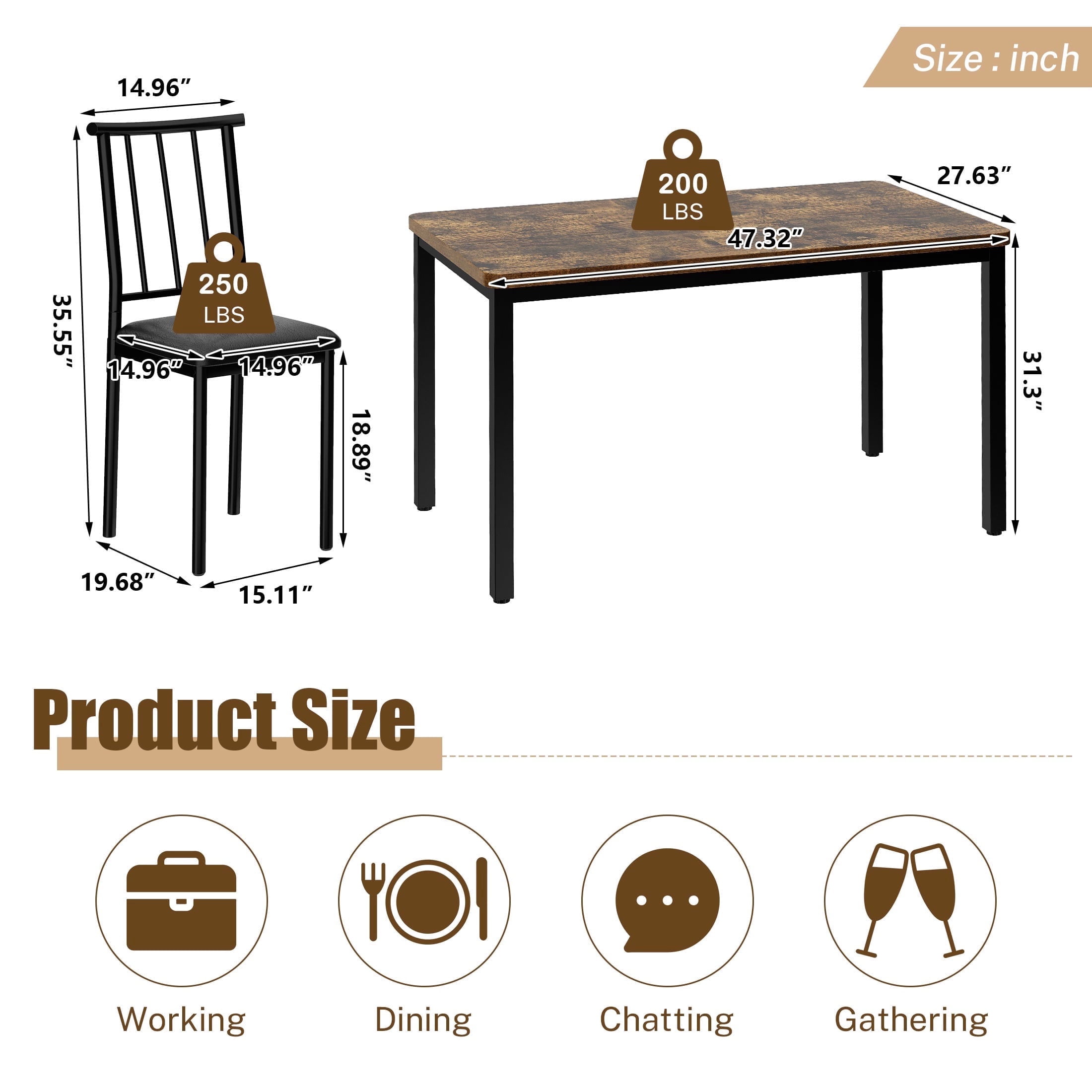 PORKISS 5 Piece Dining Table Set for 4, Kitchen Table and Chairs Set with 4 Leather Cushioned Chairs, Rectangle Dining Room Set with Metal Frame, Small Space Breakfast Nook Dinette Set, Brown+Black