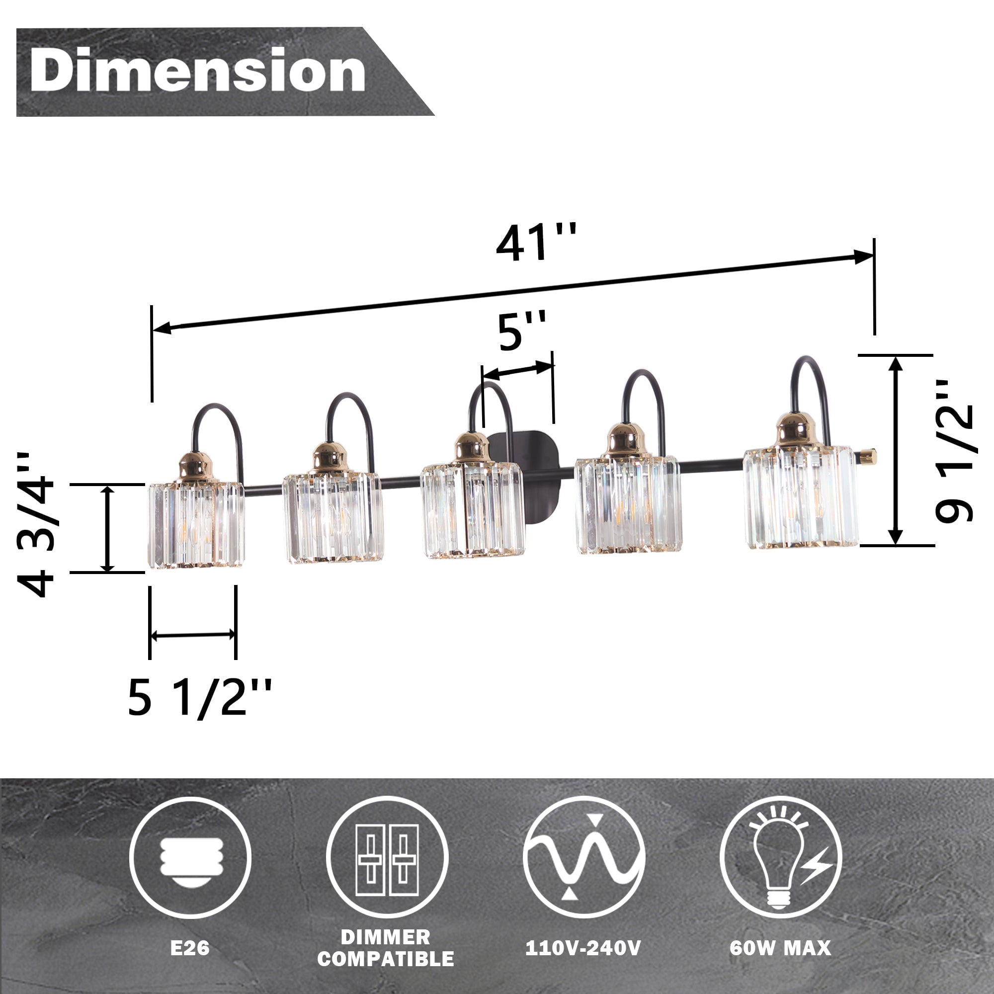 ExBrite 41" W 5 Lights Rose Gold Vanity Light for Bathroom - Black and Gold Finish