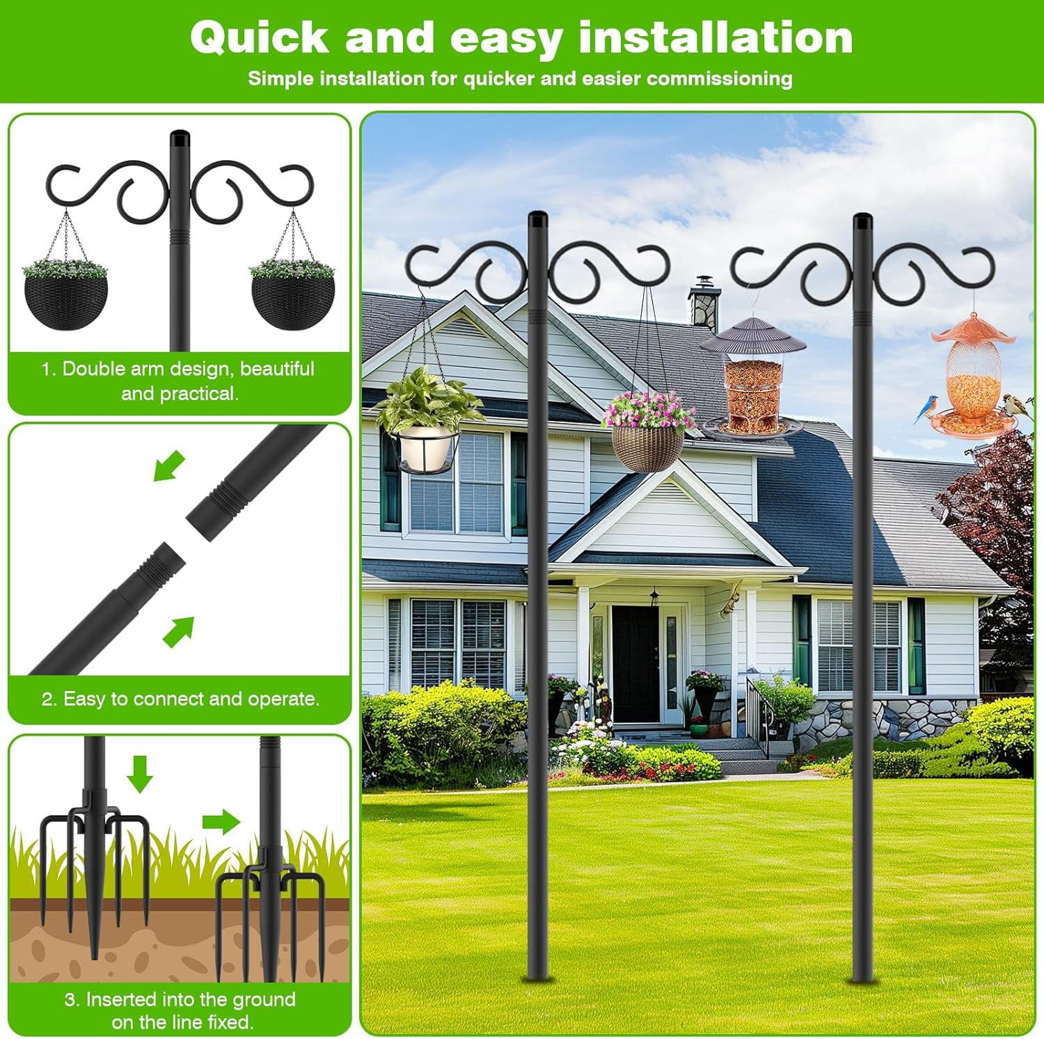 Double Shepherds Hooks For Outdoor 2 Pack 90 Inch Bird Feeder Pole With 5 Prongs Base Heavy Duty Hook Suitable Garden In Hanging Flower Basket Lantern Nests (90 Inch)