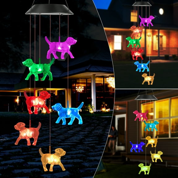 EEEkit Puppy Solar Powered Wind Chimes, Waterproof Changing Color Dogs Wind Bells Light Outdoor for Patio Garden Decor, Gifts