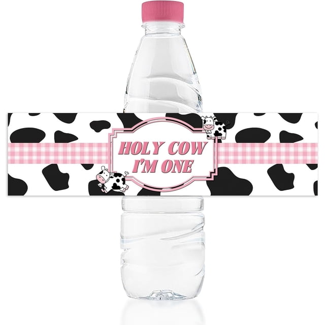 URROMA Birthday Water Bottle Labels, 50Pcs Cute Cow Pattern Water Bottle Wraps Sticker Water Bottle Decals for Birthday Party Decoration