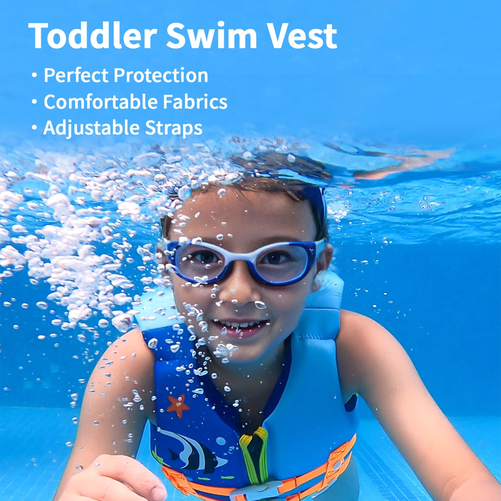 Gogokids Kids Life Jacket, Swim Vest Toddler Flotation Swimming Aid with Adjustable Safety Strap Bouyancy Swimwear,Blue Fish