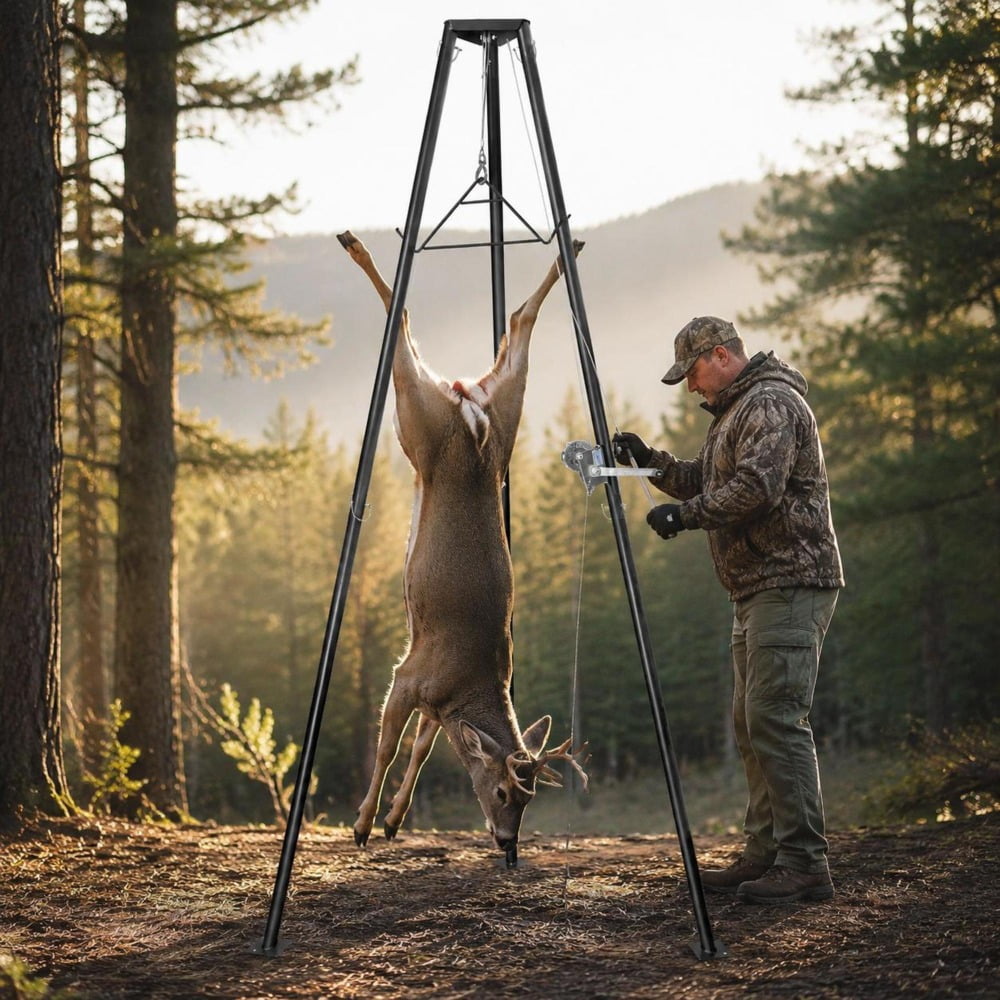 Tripod Deer Hoist 500 Lb Load Capacity Hand Winch and Gambrel for Game Skinning Cleaning and Moving
