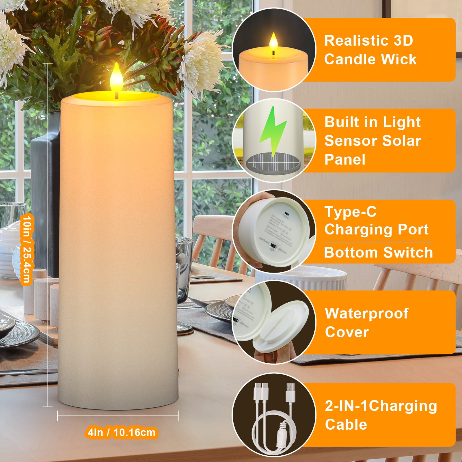 PChero Large Solar Candles Outdoor Waterproof, Rechargeable Flameless Pillar Candles with Remote Timer, Dusk to Dawn Outdoor Candles, Battery Operated LED Candles for Outdoor ,4"x10", Set of 2