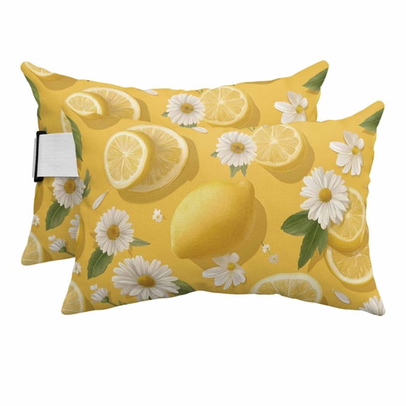 Outdoor Pillow for Chaise Lounge Chair Summer Lemon Daisy Flower Headrest Pillow with Adjustable Strap Set of 2,11x16 in, Farmhouse Yellow Fruit White Floral Waterproof Head Lumbar Pillows for Patio