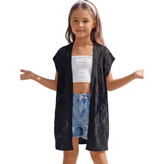 Rggeeun Toddler Girls Blouse Boho Hollow Out Design Soft Breathable Knit Cardigan Large Flowy for Summer Evening Party Kawaii Tops,Black,6-8 Years