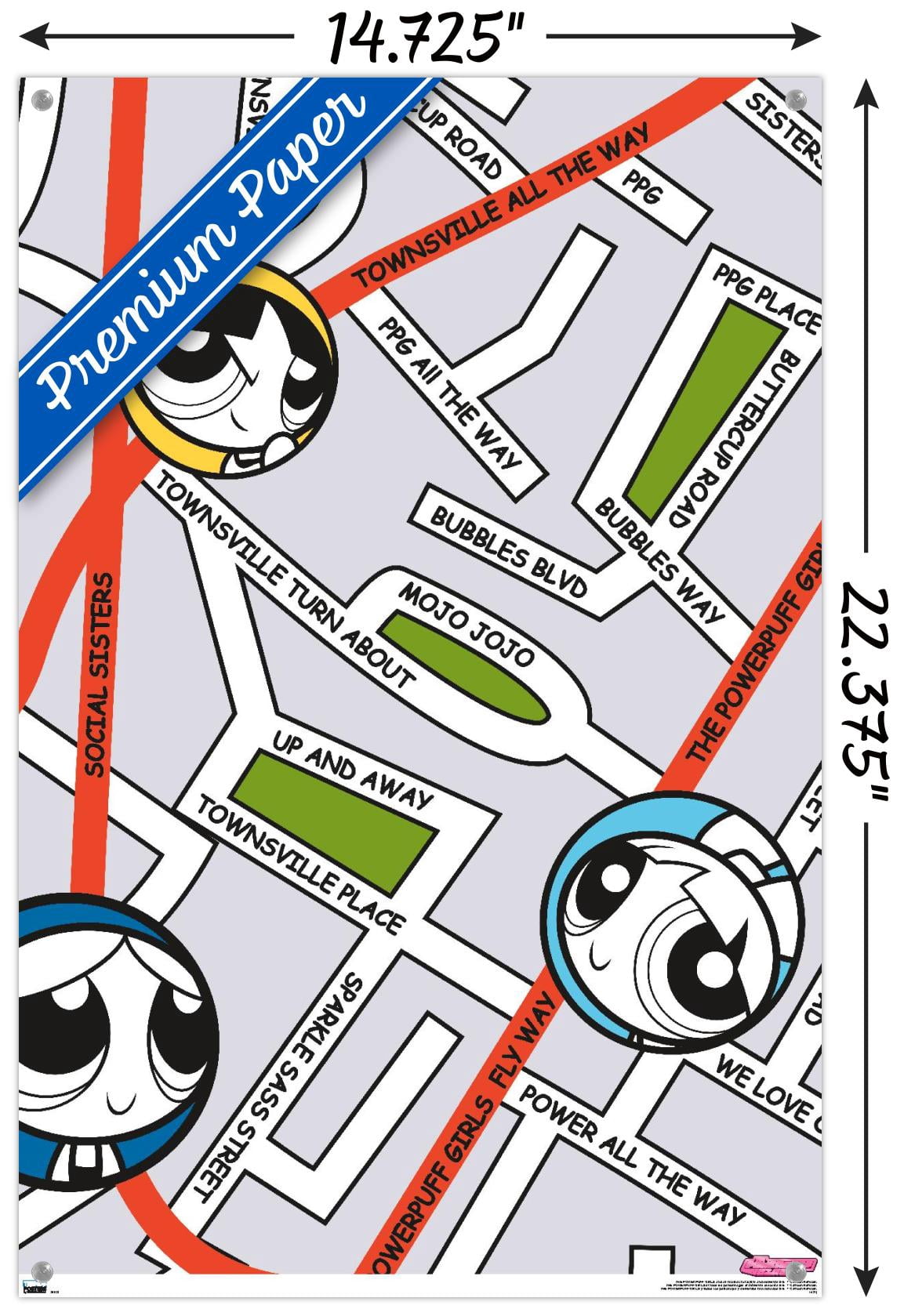 The Powerpuff Girls - Group Map Wall Poster with Pushpins, 14.725" x 22.375"