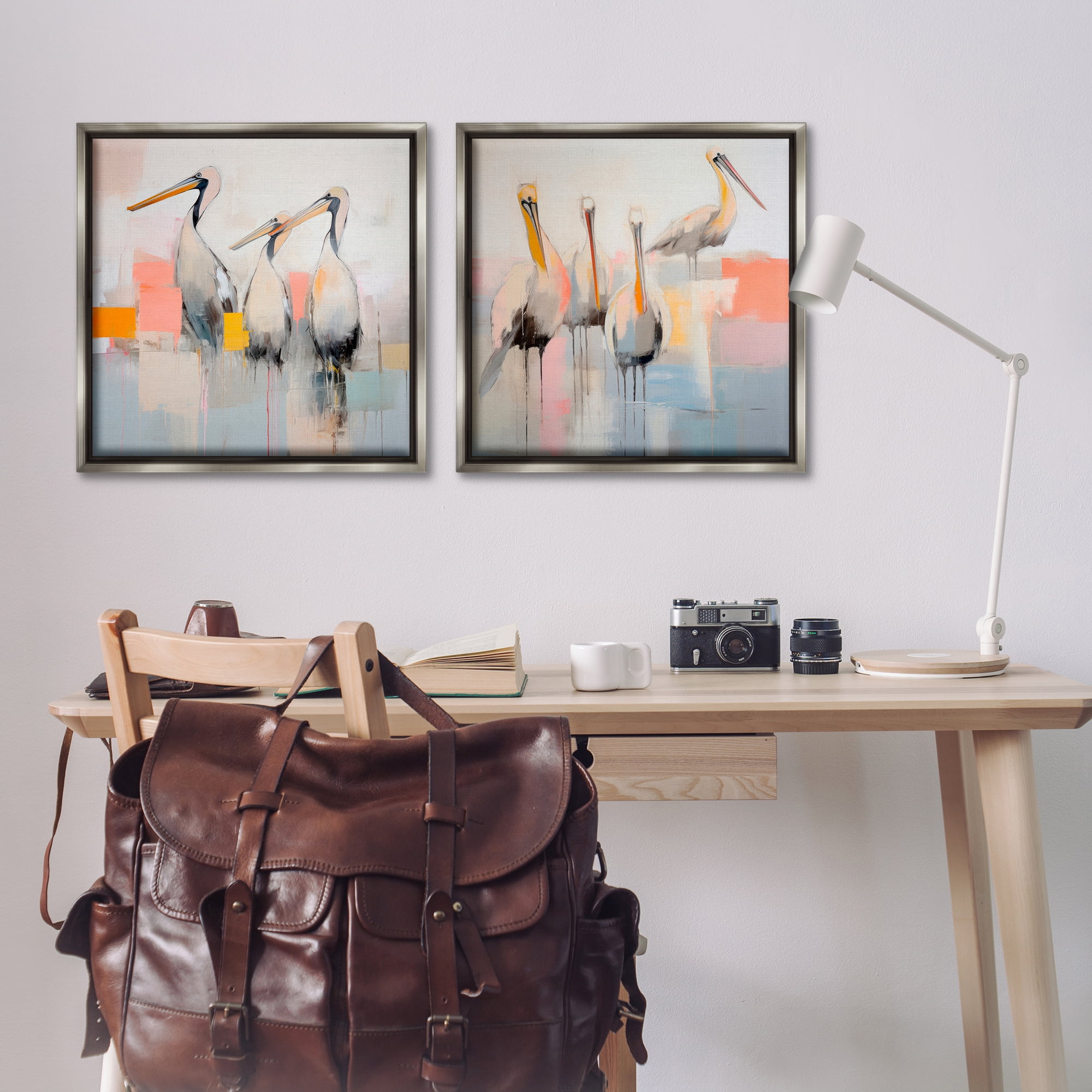 Stupell Industries Abstract Pelican Bird Animals Painting Gray Floater Framed Canvas Art Print Wall Art, 25 x 25, Set of 2