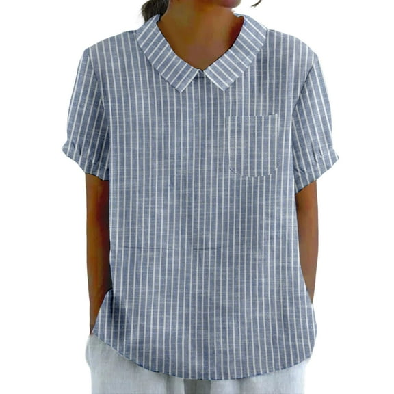 JFGHDG linen shirts for women Short Sleeve Cotton Linen Shirt linen button down shirt women flowy top Basic Tees for Women With Pockets Breathable Slimming Lapel Shirt Short Sleeve Top Blue L