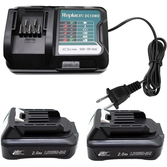 Batería BL1021B de 12 V 2.0 Ah y cargador DC10WD para Makita BL1016 BL1015 BL1020B BL1041B BL1040B - Compatible con cargador Makita DC10WC DC10SB