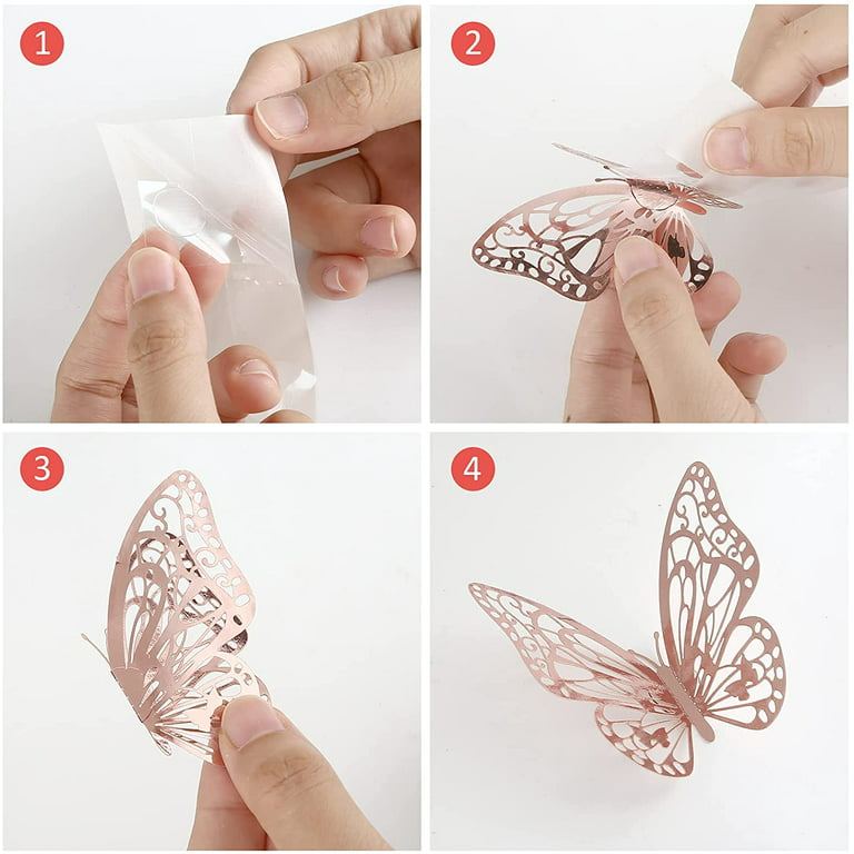 3-D Stick-On Butterflies, Pack of 12, Silver/Rose Gold/Gold – Unikpackaging