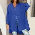 thumbnail image 2 of Ecqkame Women's Casual Cotton Linen Shirtturndown Collar Long Sleeve Button Down Tops Solid Color Curved Hem Loose Blouse 01-Blue M, 2 of 6