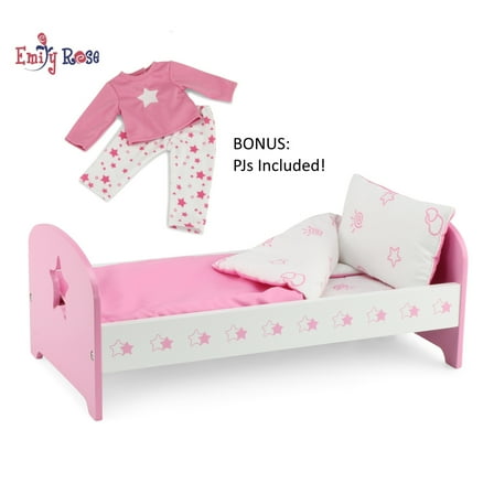 Emily Rose 14.5 Inch Doll Furniture Lovely Pink and White Single Bed with Beautiful Star Motif, Includes Plush Reversible Bedding