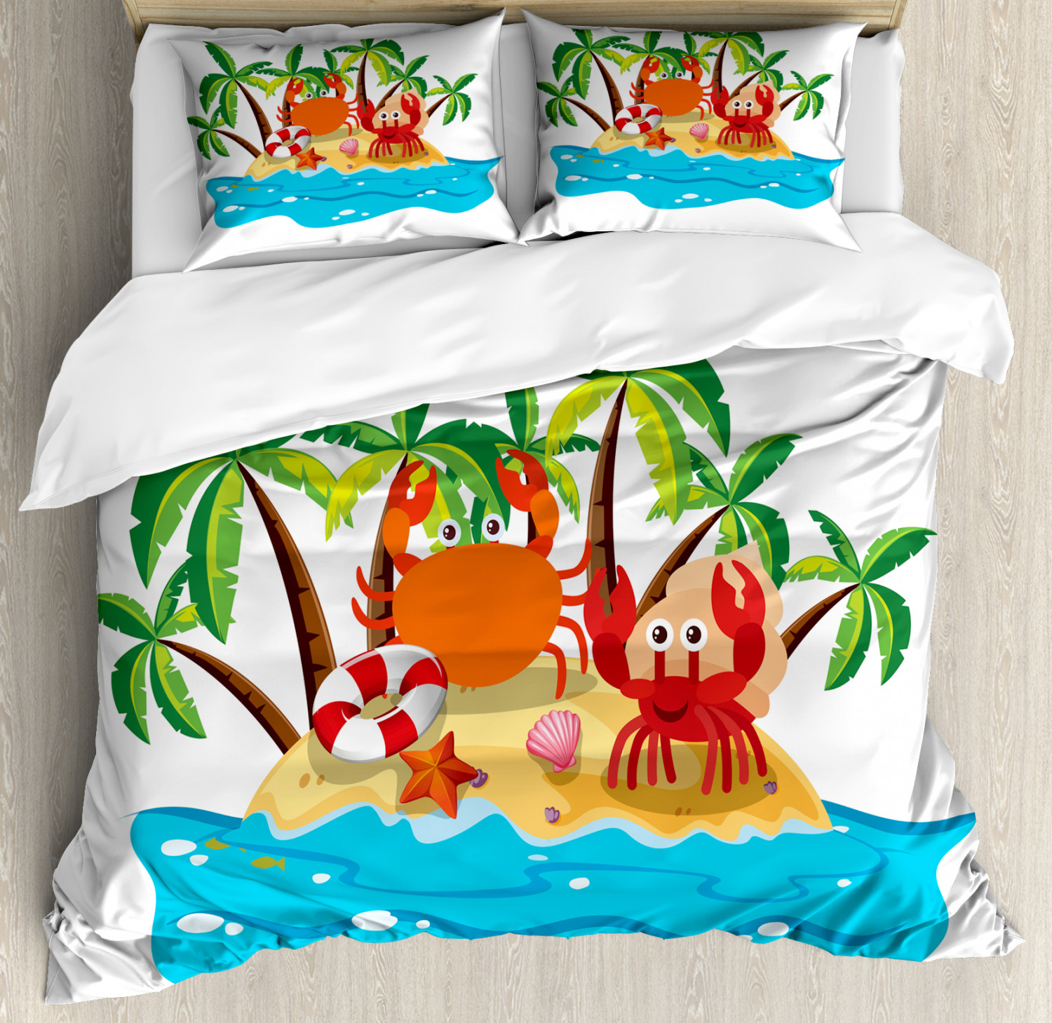 Hermit Crab Duvet Cover Set, Comic Characters Illustration Exotic Island Seashells Palm Trees